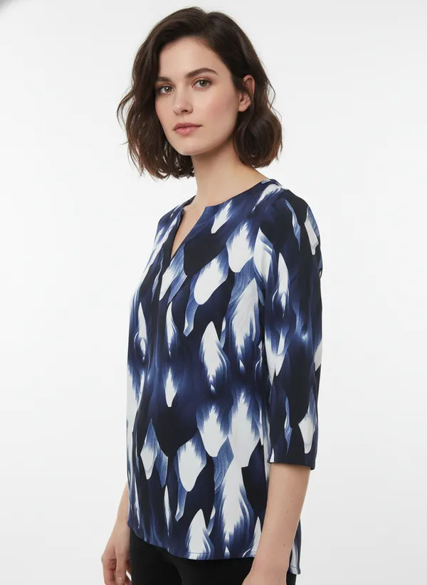 Women’s_Blue_&_White_Abstract_Printed_3/4_Sleeve_V-Neck_Top_–_Regular_Fit_Casual_Tunic