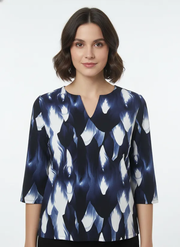 Women’s_Blue_&_White_Abstract_Printed_3/4_Sleeve_V-Neck_Top_–_Regular_Fit_Casual_Tunic