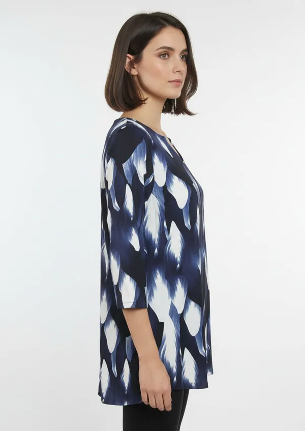 Women’s_Blue_&_White_Abstract_Printed_3/4_Sleeve_V-Neck_Top_–_Regular_Fit_Casual_Tunic