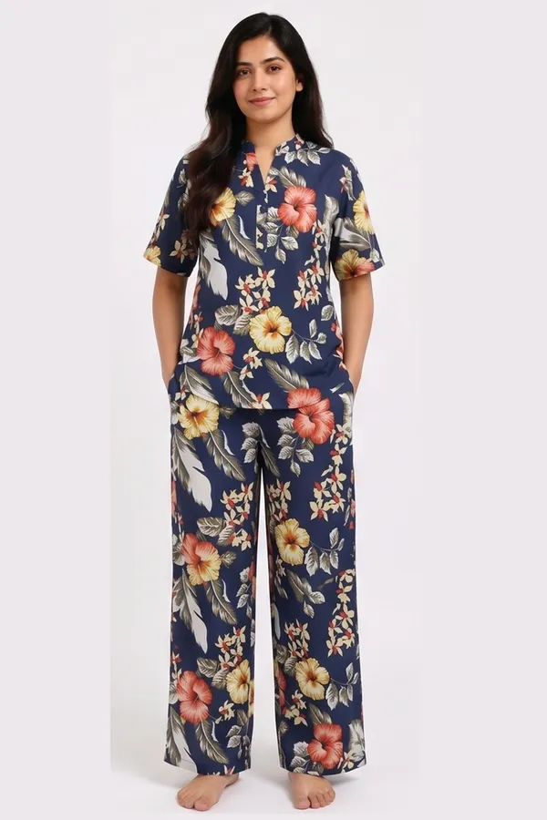 Women's_Dark_Blue_Floral_Print_Cotton_Twill_Lycra_Stretchable_Co-Ord_Set