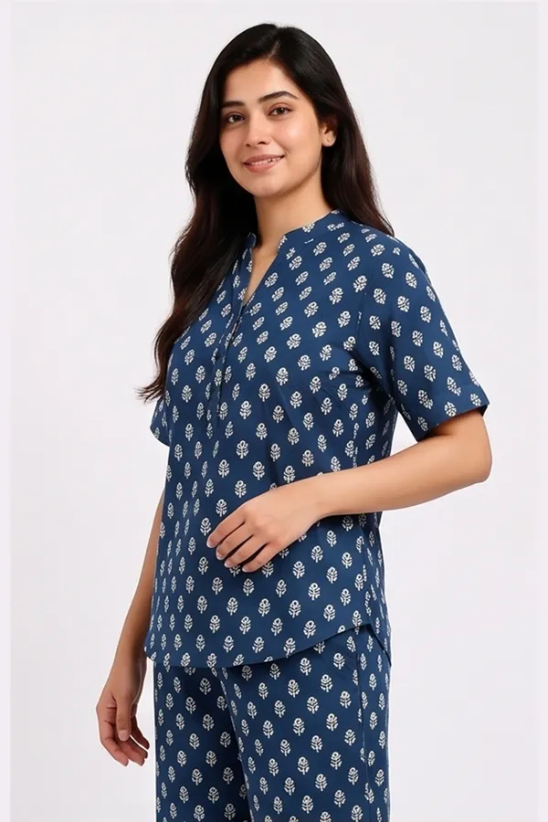 Women’s_Indigo_Blue_Buti_Print_Cotton_Poplin_Co-Ord_Set_|_Mandarin_Collar_Top_&_Straight-Leg_Lounge_Set