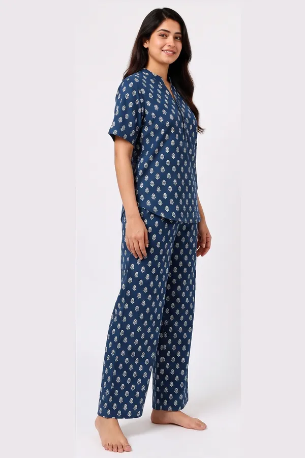 Women’s_Indigo_Blue_Buti_Print_Cotton_Poplin_Co-Ord_Set_|_Mandarin_Collar_Top_&_Straight-Leg_Lounge_Set