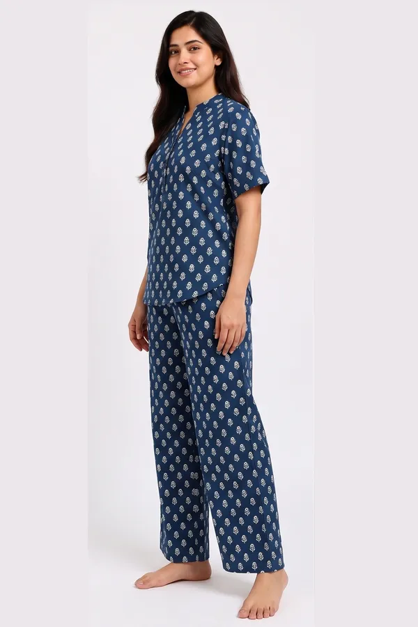 Women’s_Indigo_Blue_Buti_Print_Cotton_Poplin_Co-Ord_Set_|_Mandarin_Collar_Top_&_Straight-Leg_Lounge_Set
