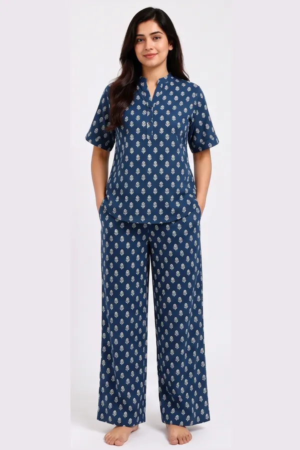 Women’s_Indigo_Blue_Buti_Print_Cotton_Poplin_Co-Ord_Set_|_Mandarin_Collar_Top_&_Straight-Leg_Lounge_Set