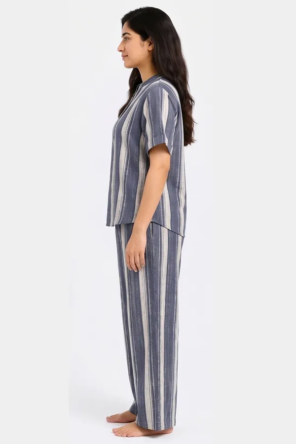 Women’s_Indigo_Blue_Striped_Poplin_Lycra_Co-Ord_Set_|_Stretchable_Mandarin_Collar_Top_&_Wide-Leg_Pants_Set
