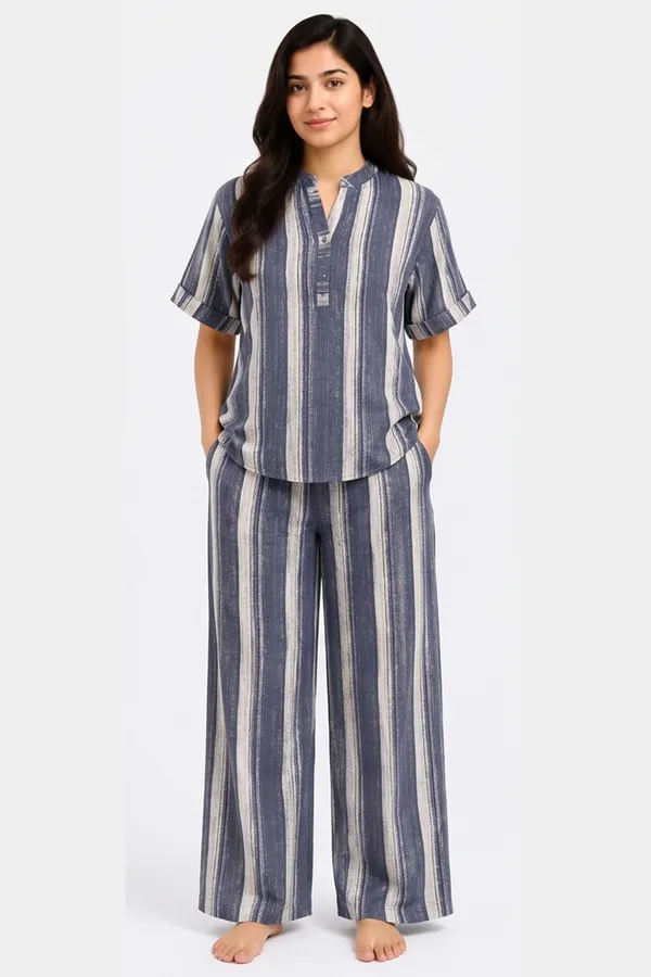 Women’s_Indigo_Blue_Striped_Poplin_Lycra_Co-Ord_Set_|_Stretchable_Mandarin_Collar_Top_&_Wide-Leg_Pants_Set