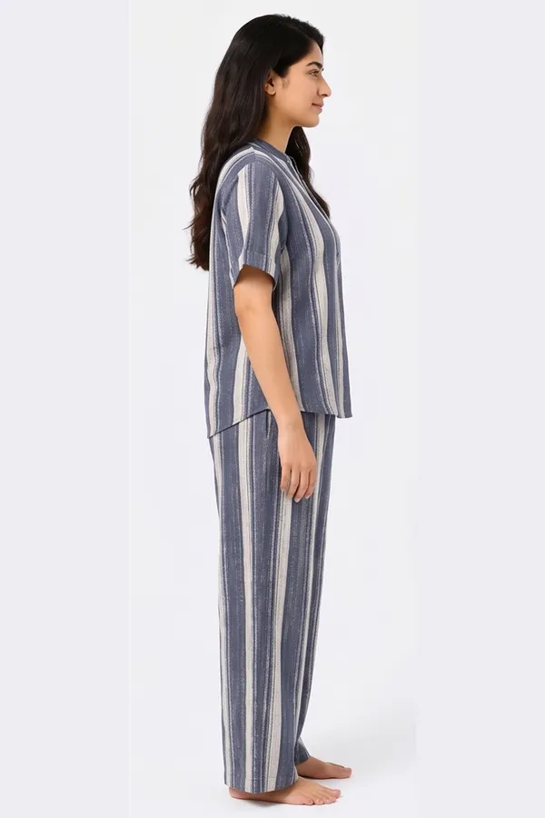 Women’s_Indigo_Blue_Striped_Poplin_Lycra_Co-Ord_Set_|_Stretchable_Mandarin_Collar_Top_&_Wide-Leg_Pants_Set
