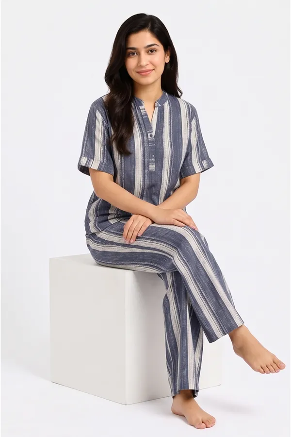 Women’s_Indigo_Blue_Striped_Poplin_Lycra_Co-Ord_Set_|_Stretchable_Mandarin_Collar_Top_&_Wide-Leg_Pants_Set