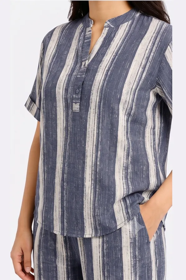 Women’s_Indigo_Blue_Striped_Poplin_Lycra_Co-Ord_Set_|_Stretchable_Mandarin_Collar_Top_&_Wide-Leg_Pants_Set