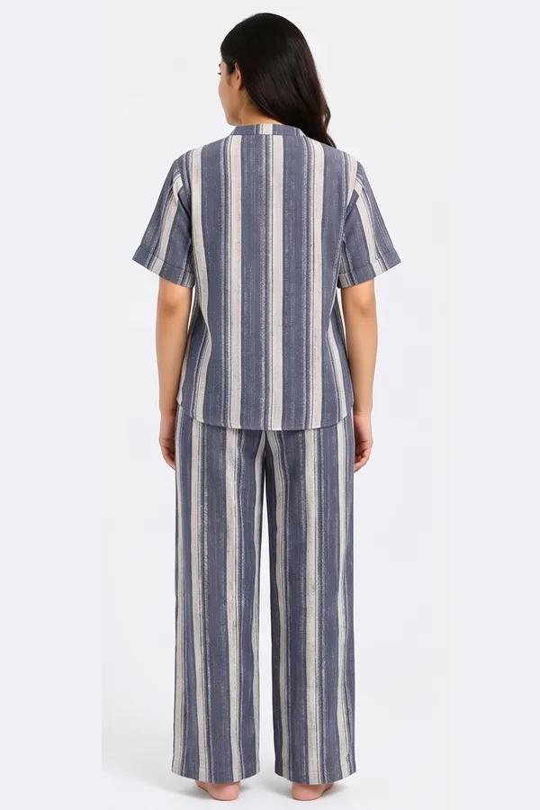 Women’s_Indigo_Blue_Striped_Poplin_Lycra_Co-Ord_Set_|_Stretchable_Mandarin_Collar_Top_&_Wide-Leg_Pants_Set