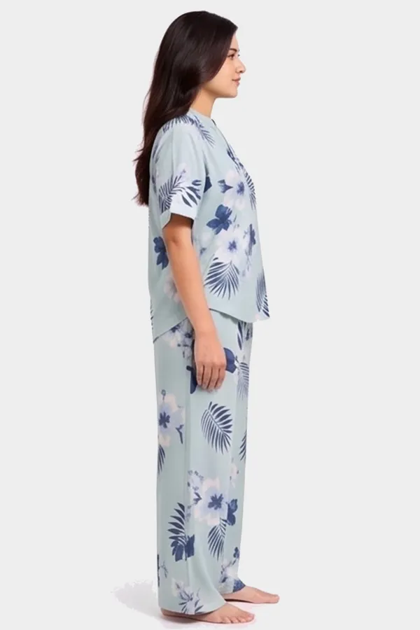Women’s_Sage_Blue_Floral_Cotton_Twill_Lycra_Co-Ord_Set_|_Stretchable_Mandarin_Collar_Top_&_Straight_Pants_Lounge_Set