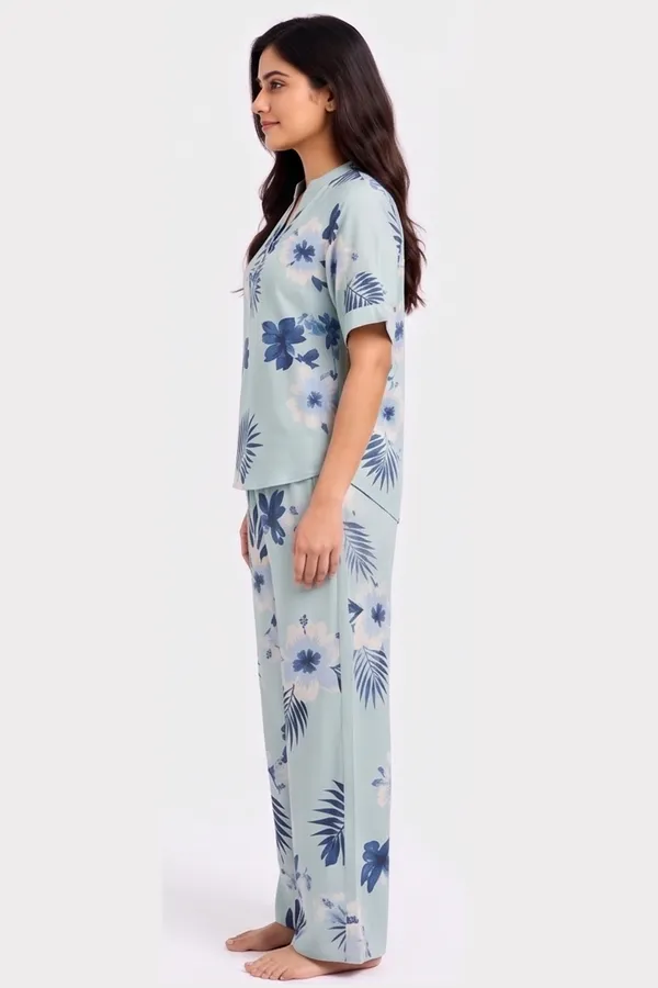 Women’s_Sage_Blue_Floral_Cotton_Twill_Lycra_Co-Ord_Set_|_Stretchable_Mandarin_Collar_Top_&_Straight_Pants_Lounge_Set