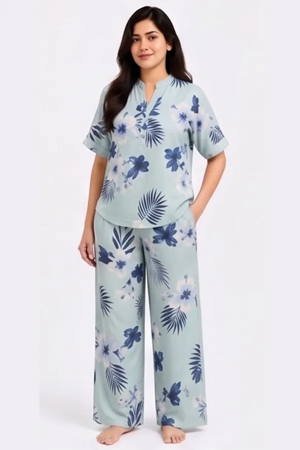 Women’s_Sage_Blue_Floral_Cotton_Twill_Lycra_Co-Ord_Set_|_Stretchable_Mandarin_Collar_Top_&_Straight_Pants_Lounge_Set