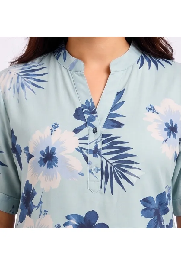 Women’s_Sage_Blue_Floral_Cotton_Twill_Lycra_Co-Ord_Set_|_Stretchable_Mandarin_Collar_Top_&_Straight_Pants_Lounge_Set