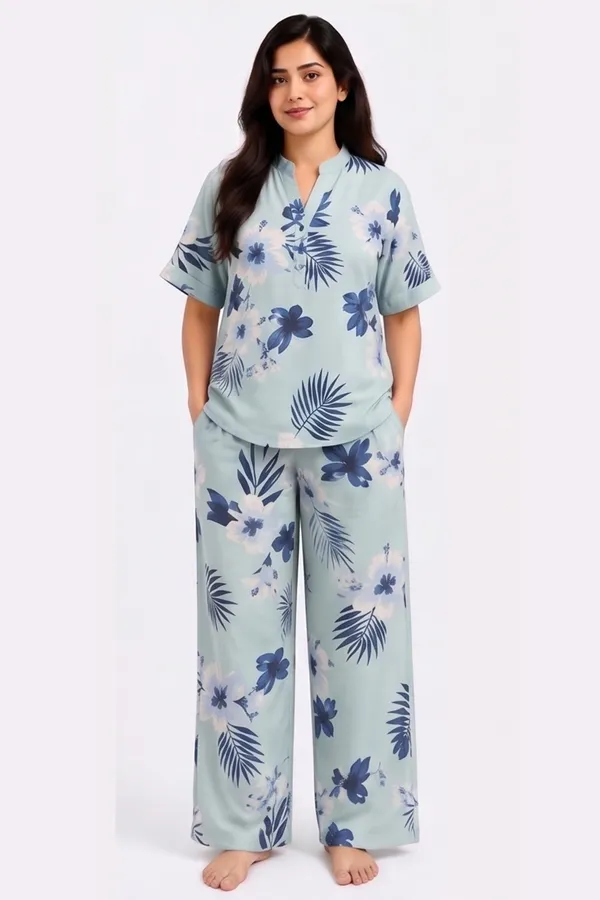Women’s_Sage_Blue_Floral_Cotton_Twill_Lycra_Co-Ord_Set_|_Stretchable_Mandarin_Collar_Top_&_Straight_Pants_Lounge_Set