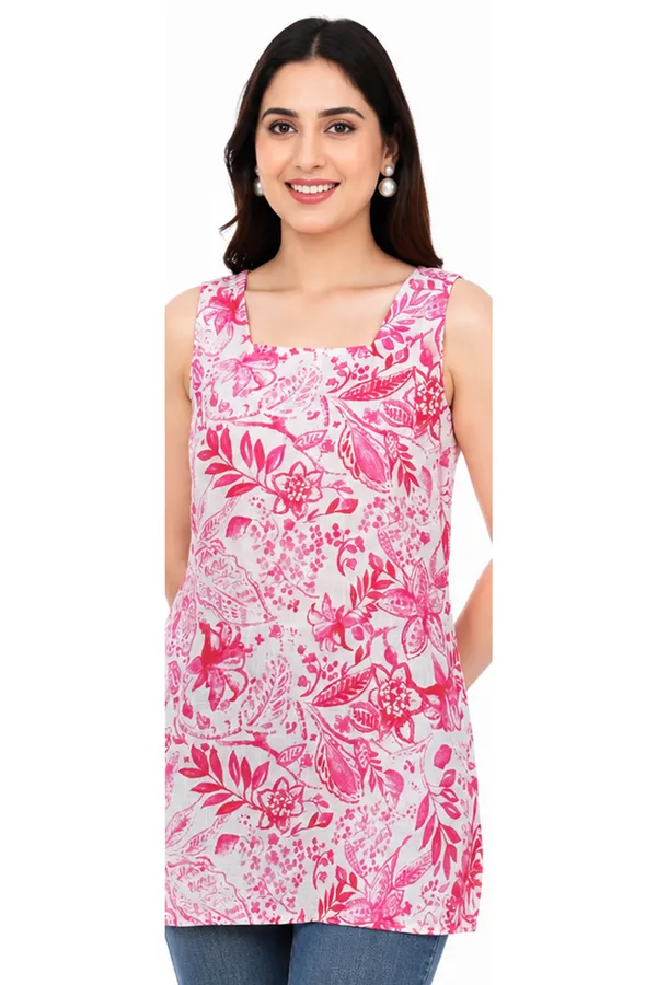 Pink_Floral_Print_Slub_Cotton_Sleeveless_Tank_Top_For_Women