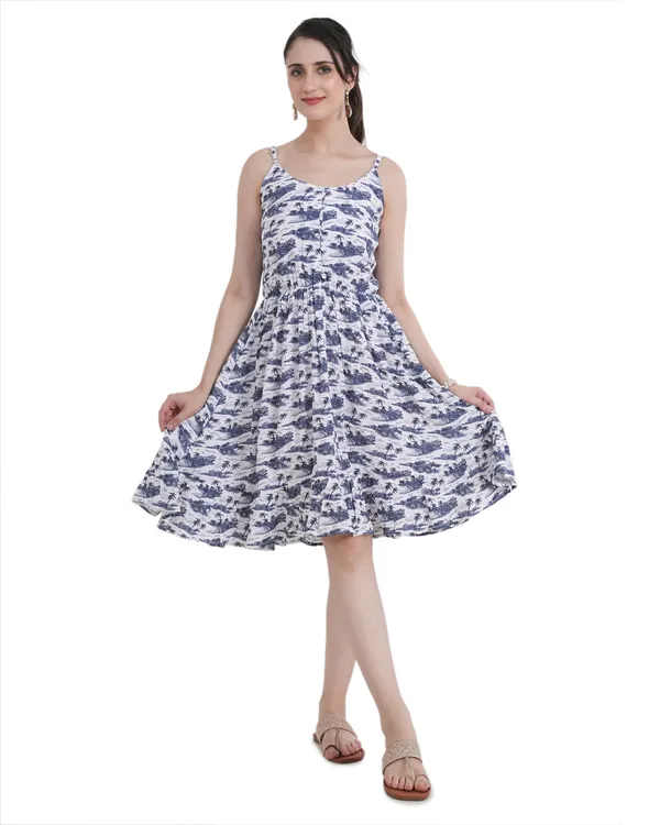 White_Floral_Print_Bubble_Rayon_Spaghetti_Strap_Midi_Dress_For_Women
