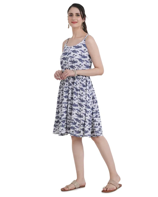White_Floral_Print_Bubble_Rayon_Spaghetti_Strap_Midi_Dress_For_Women