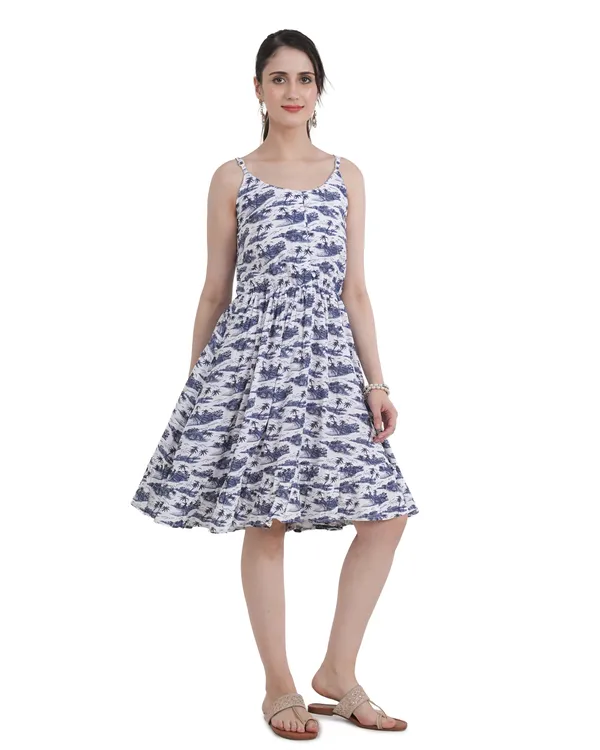 White_Floral_Print_Bubble_Rayon_Spaghetti_Strap_Midi_Dress_For_Women