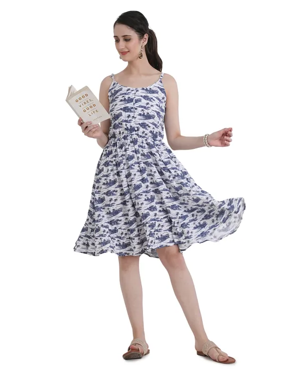 White_Floral_Print_Bubble_Rayon_Spaghetti_Strap_Midi_Dress_For_Women