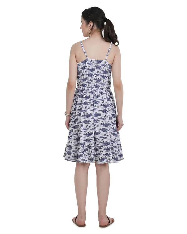 White_Floral_Print_Bubble_Rayon_Spaghetti_Strap_Midi_Dress_For_Women