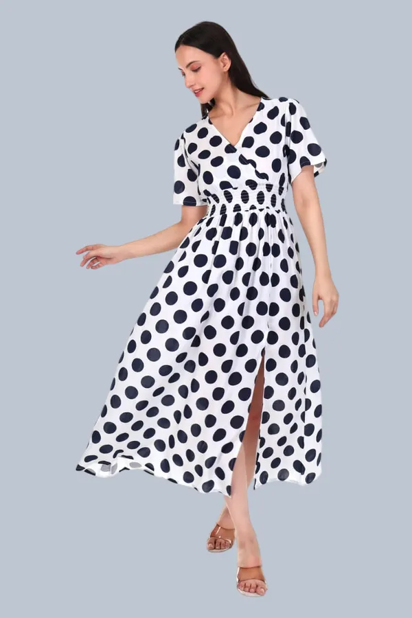 White_Polka_Dot_Rayon_V_Neck_Side_Slit_Maxi_Dress_For_Women