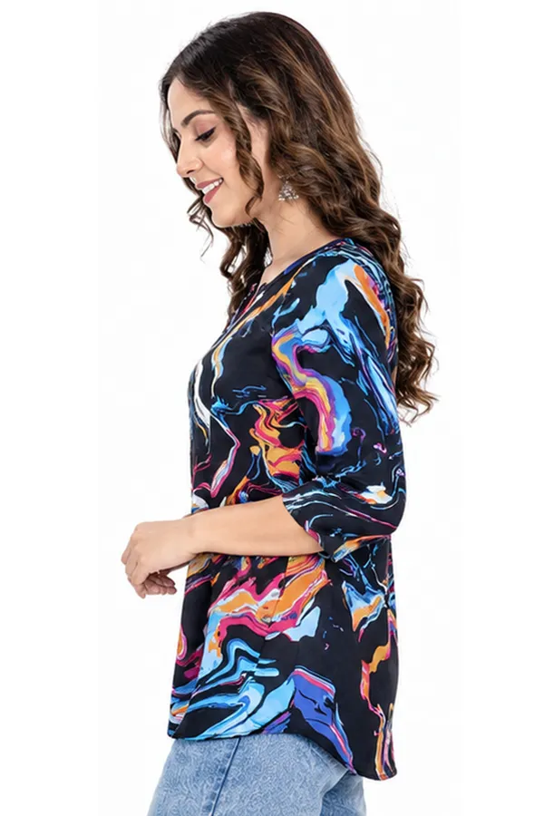 Multicolor_Marble_Abstract_Print_Rayon_Relaxed_Fit_Top_For_Women