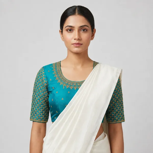 Teal_Silk_Padded_Front_Open_Round_Neck_Blouse_For_Women