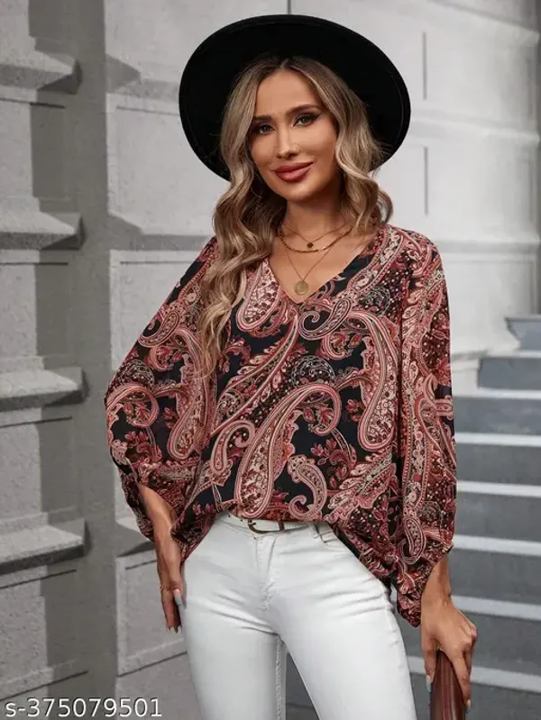 Casual_Roll_Up_Sleeves_Printed_Women_Brown_Top