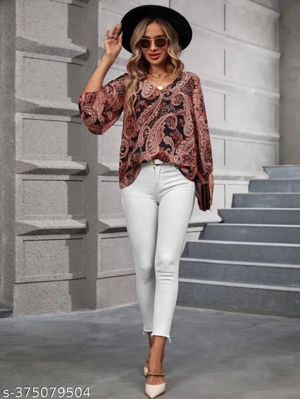 Casual_Roll_Up_Sleeves_Printed_Women_Brown_Top