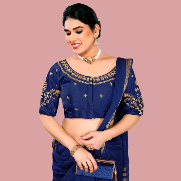 Navy_Blue_Silk_Padded_Blouse_For_Women