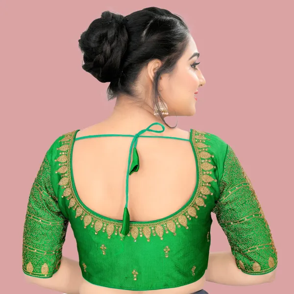 Green_Silk_Padded_Round_Neck_Embroidered_Blouse_For_Women