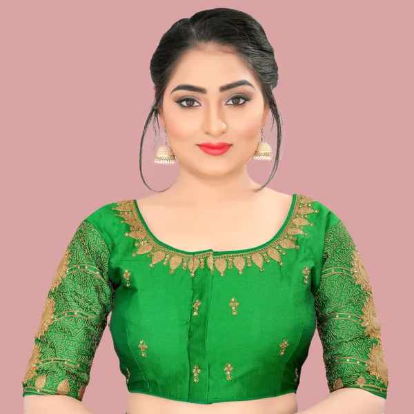 Green_Silk_Padded_Round_Neck_Embroidered_Blouse_For_Women