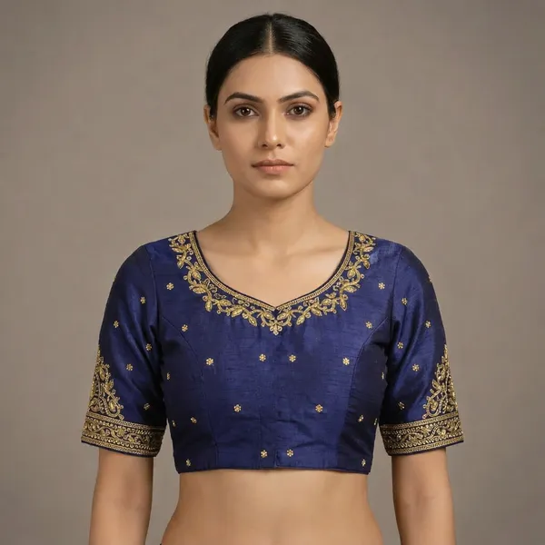 Navy_Blue_Silk_Padded_Round_Neck_Blouse_For_Women