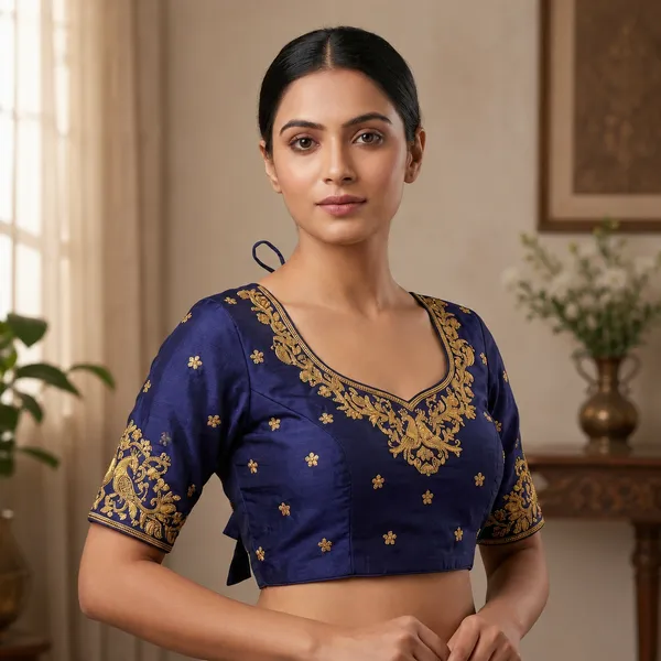 Navy_Blue_Silk_Padded_Round_Neck_Blouse_For_Women