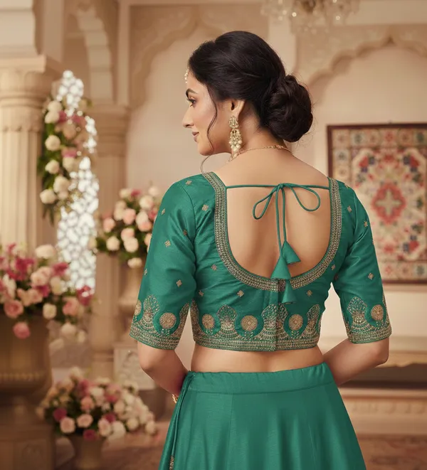 Green_Silk_Short_Sleeve_Round_Neck_Blouse_For_Women