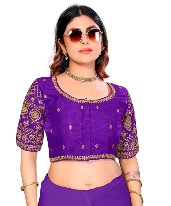 Purple_Silk_Padded_Embroidered_Round_Neck_Blouse_For_Women