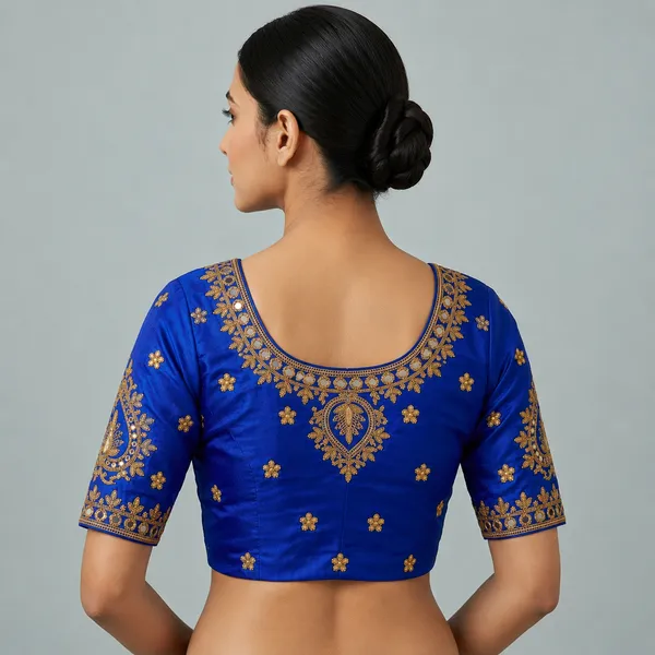 Blue_Silk_Short_Sleeve_Front_Open_Blouse_For_Women