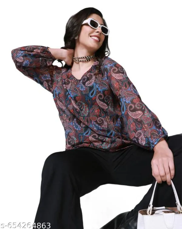 Unique_Design_Trendy_Paisley_Print_Sheer_Balloon_Sleeve_Top
