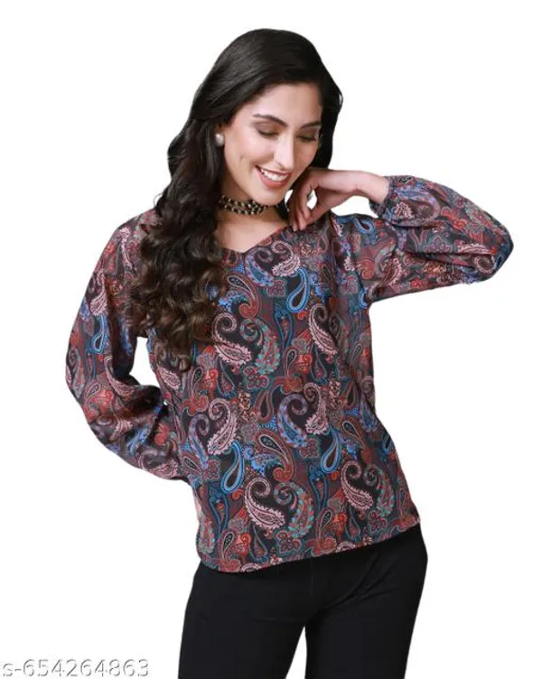 Unique_Design_Trendy_Paisley_Print_Sheer_Balloon_Sleeve_Top