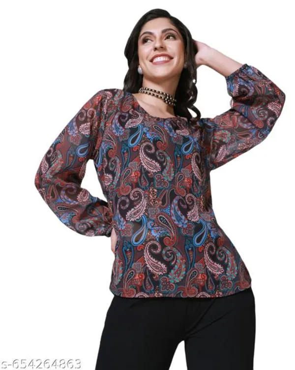 Unique_Design_Trendy_Paisley_Print_Sheer_Balloon_Sleeve_Top