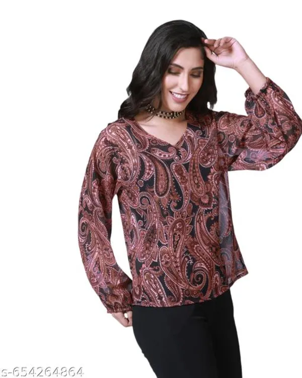 Unique_Design_Trendy_Paisley_Print_Sheer_Balloon_Sleeve_Top