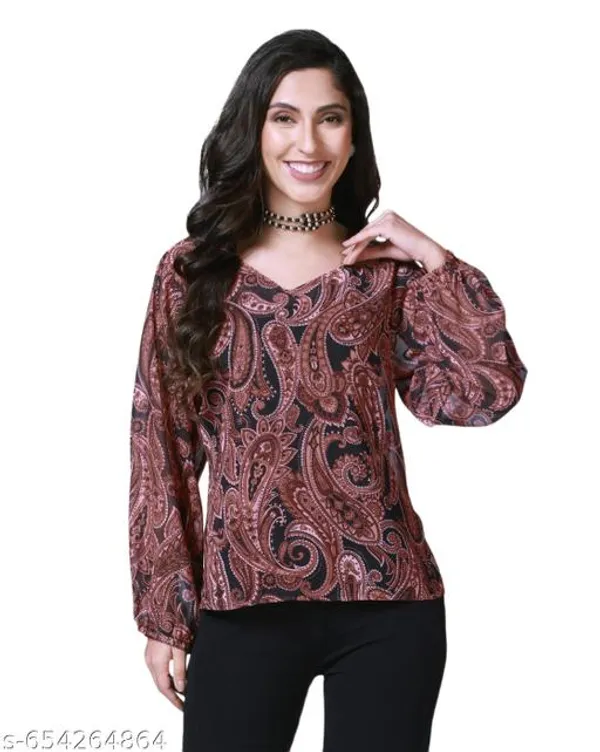 Unique_Design_Trendy_Paisley_Print_Sheer_Balloon_Sleeve_Top