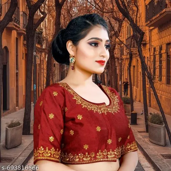 Solid_Embrodery_Design_Blouse_Readymade_Blouse_Round_Neck_Blouse_Phantom_Silk_Blouse_Half_Sleeve_Designer_Blouse_For_Woman