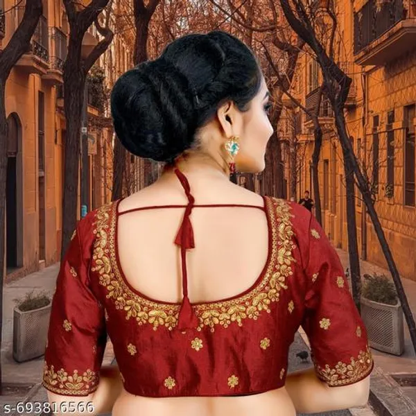 Solid_Embrodery_Design_Blouse_Readymade_Blouse_Round_Neck_Blouse_Phantom_Silk_Blouse_Half_Sleeve_Designer_Blouse_For_Woman