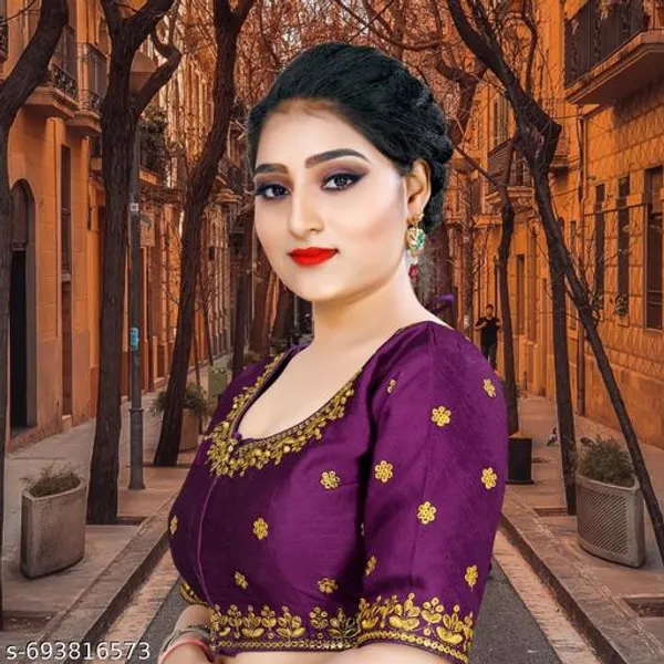 Solid_Embrodery_Design_Blouse_Readymade_Blouse_Round_Neck_Blouse_Phantom_Silk_Blouse_Half_Sleeve_Designer_Blouse_For_Woman