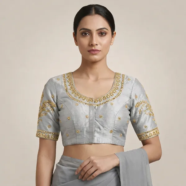White_Silk_Embroidered_Hook_Closure_Blouse_For_Women