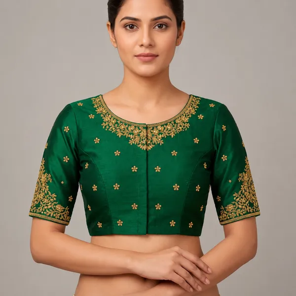 Green_Silk_Short_Sleeve_Front_Open_Round_Neck_Blouse_For_Women