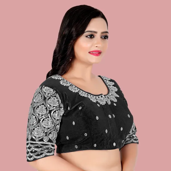 Black_Silk_Padded_Round_Neck_Blouse_For_Women