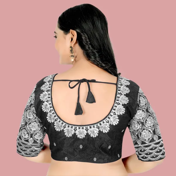 Black_Silk_Padded_Round_Neck_Blouse_For_Women